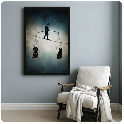 Black framed surrealist tightrope walker with dachshund and cat scales beside linen accent chair – dark fantasy wall art