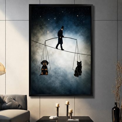 Surreal tightrope walker balancing dachshund and black cat on starry night sky – black framed wall art on dark grey wall – dramatic living room décor