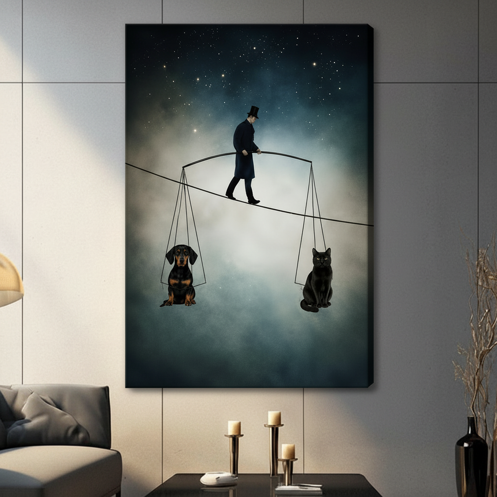 Frameless canvas wrap of man walking tightrope with dog and cat scales under night sky – surrealist pet wall art for living room
