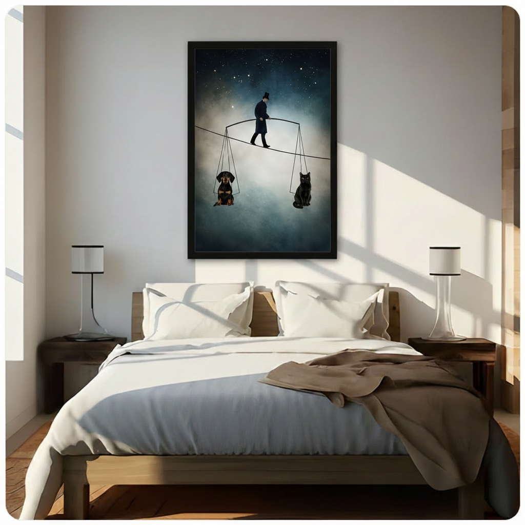 Surreal tightrope walker with dachshund and black cat framed print above bed in sunlit minimalist bedroom – dark fantasy wall art