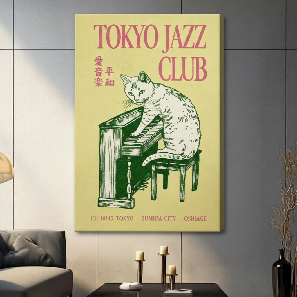 Stretched canvas Tokyo Jazz Club white cat piano player wall art, retro Japanese music poster illustration in yellow-green and pink on gallery-wrapped canvas for living roo