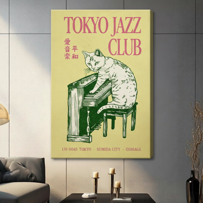 Stretched canvas Tokyo Jazz Club white cat piano player wall art, retro Japanese music poster illustration in yellow-green and pink on gallery-wrapped canvas for living roo