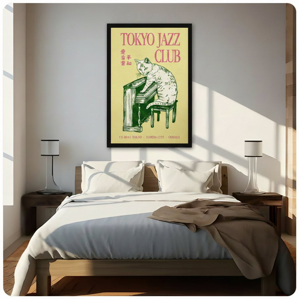 Tokyo Jazz Club cat playing piano framed canvas wall art in black frame above wooden bed with white linen bedding, retro Japanese music poster print for bedroom statement wall