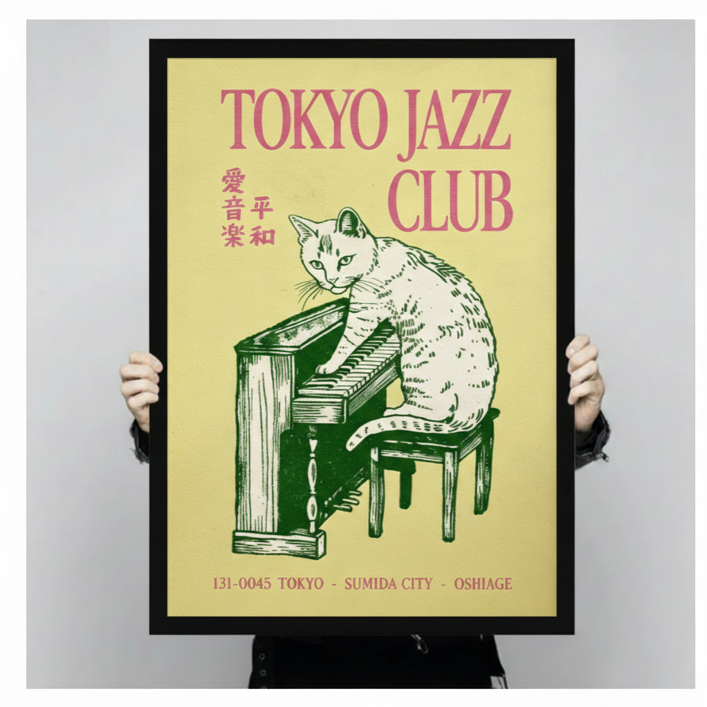 Tokyo Jazz Club white cat piano art print held up showing full vintage Japanese poster design with kanji text, retro music illustration in black frame against neutral gray background