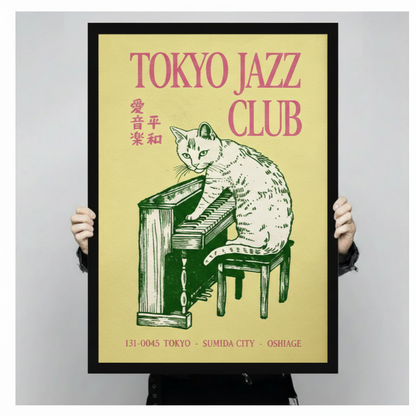 Tokyo Jazz Club white cat piano art print held up showing full vintage Japanese poster design with kanji text, retro music illustration in black frame against neutral gray background