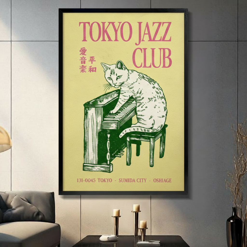 Tokyo Jazz Club cat playing piano framed wall art in black frame on dark gray wall above console table with candles, retro Japanese music poster print for living room decor
