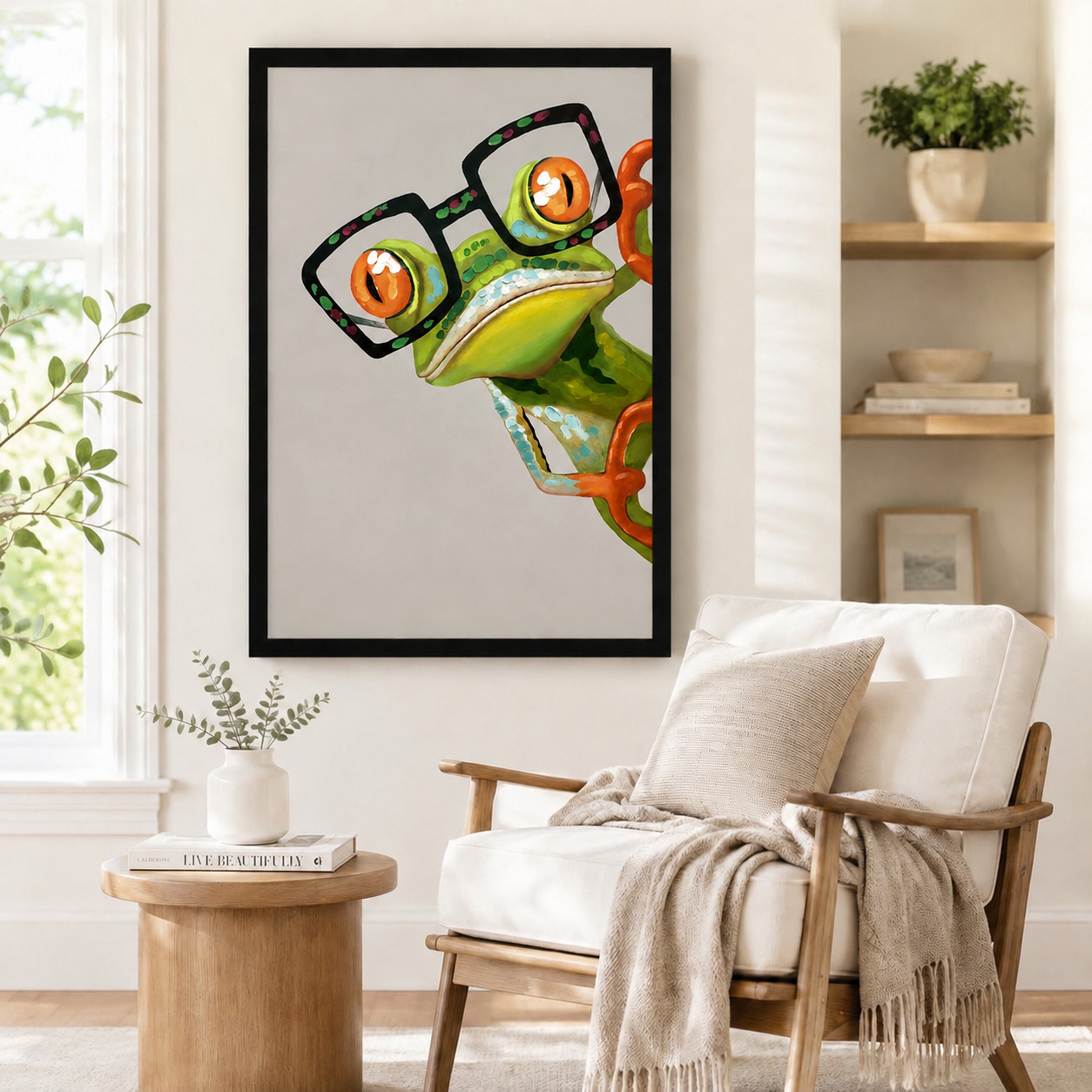 Close-up oil painting of curious green tree frog in bold black glasses, black framed print hung beside wooden armchair in cozy reading corner