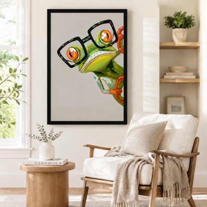 Close-up oil painting of curious green tree frog in bold black glasses, black framed print hung beside wooden armchair in cozy reading corner
