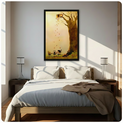 Treehouse autumn tea party framed canvas displayed above bed in sunlit neutral bedroom - magical storybook illustration wall art with warm golden amber tones and falling leaves for cozy bedroom decor