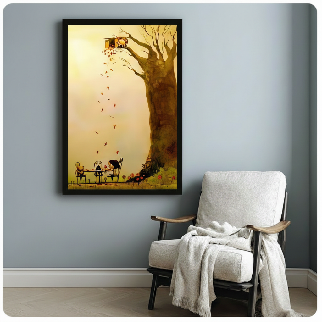 Framed whimsical treehouse and autumn tea party wall art beside wooden accent chair with linen throw - enchanting storybook canvas print with bare tree silhouette and falling leaves for reading nook