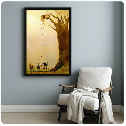 Framed whimsical treehouse and autumn tea party wall art beside wooden accent chair with linen throw - enchanting storybook canvas print with bare tree silhouette and falling leaves for reading nook