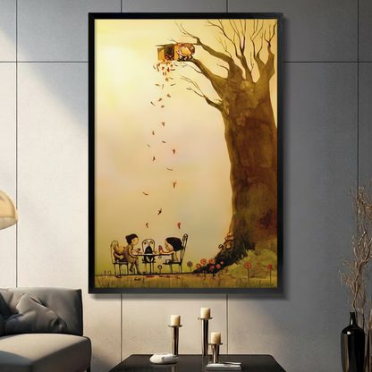 Whimsical treehouse autumn tea party with falling leaves framed wall art - fantasy illustration style canvas print with golden warm tones bare tree and silhouette figures for living room decor