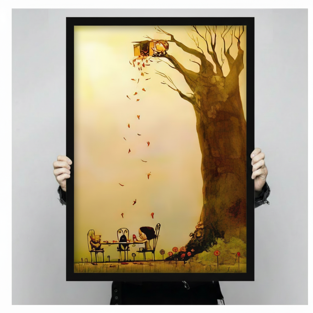 Hands holding large framed treehouse autumn tea party canvas print - full artwork detail of fantasy illustration with golden glowing treehouse cascading leaves iron cafe table and whimsical character silhouettes
