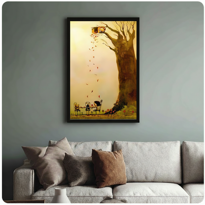 Treehouse autumn tea party framed art print above cream bouclé sofa on sage grey wall - dreamy fantasy illustration canvas wall decor with warm golden palette and cascading autumn leaves