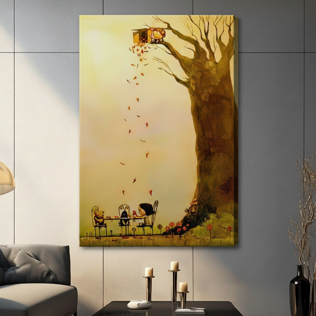 Unframed treehouse autumn tea party canvas print - enchanting storybook illustration wall art with golden amber tones cascading leaves iron cafe chairs and whimsical characters for contemporary home decor