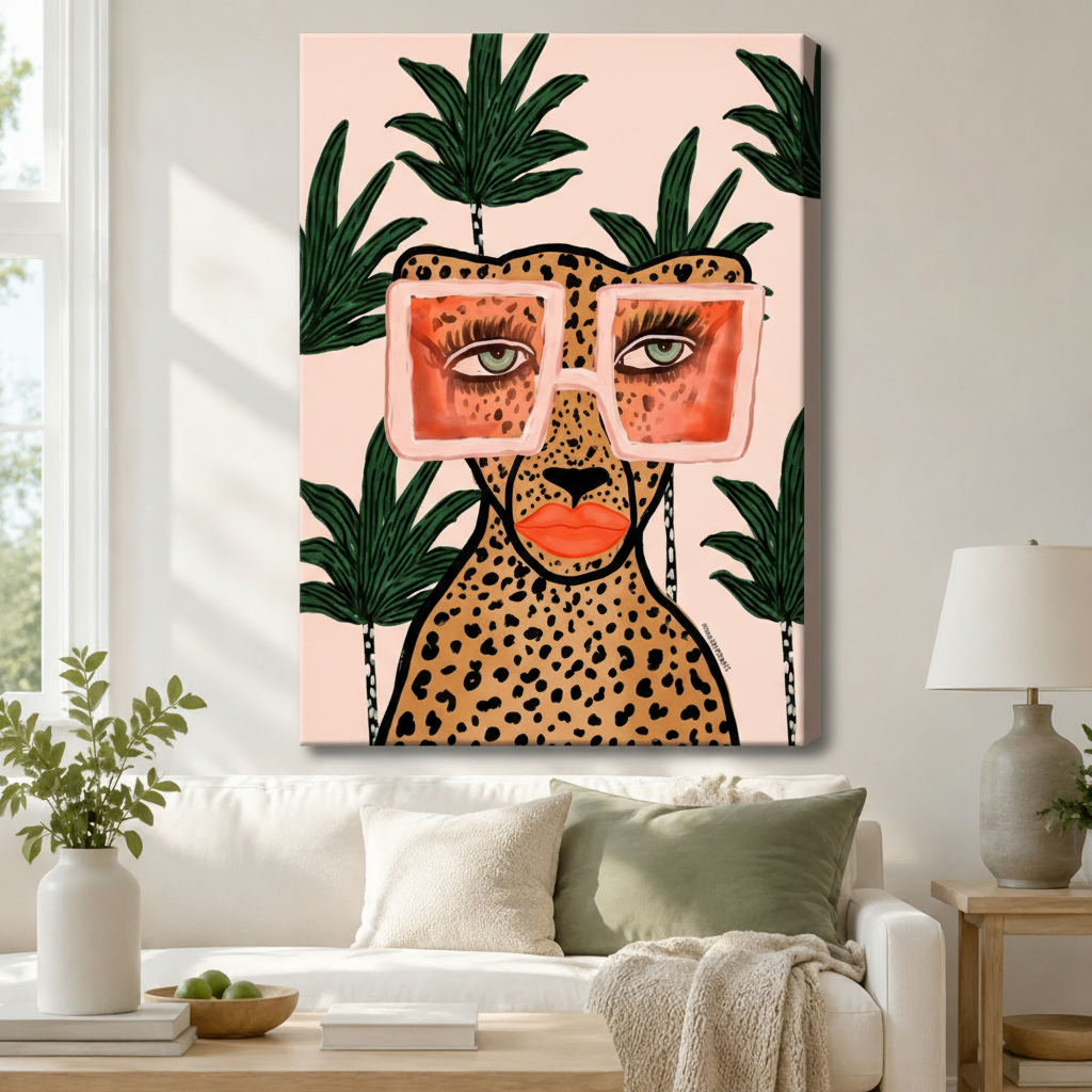 Trendy leopard portrait with pink square sunglasses and tropical palm leaves gallery wrap canvas art above white sofa in modern living room