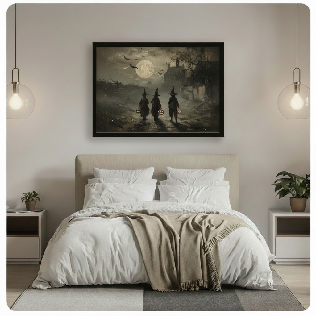 Spooky halloween framed canvas art hanging above bed in a neutral minimalist bedroom featuring three witch silhouettes with jack-o-lanterns in a fog-draped moonlit scene dark moody home decor