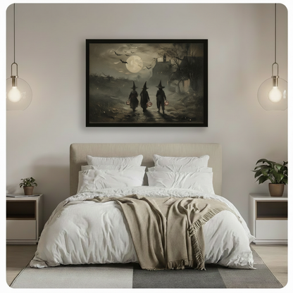 Spooky halloween framed canvas art hanging above bed in a neutral minimalist bedroom featuring three witch silhouettes with jack-o-lanterns in a fog-draped moonlit scene dark moody home decor