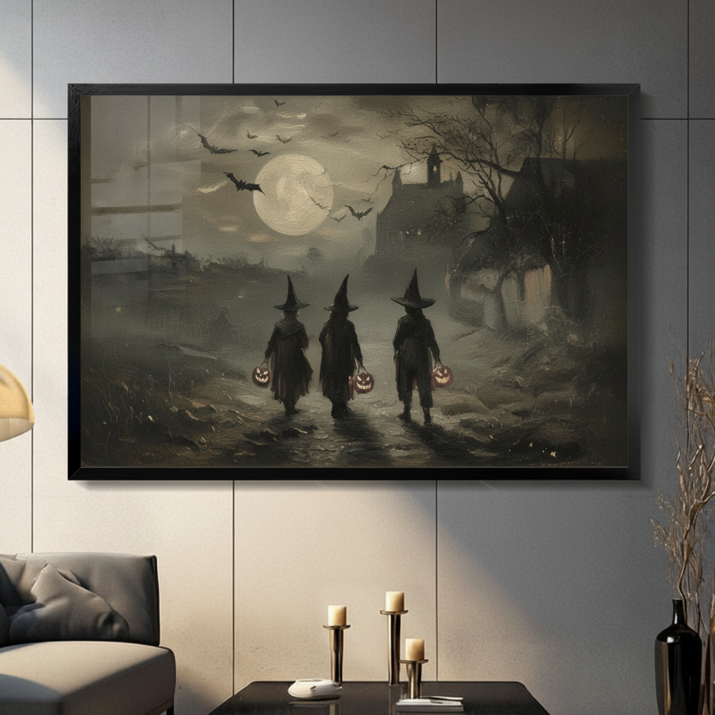 Gothic halloween wall art framed canvas showing three witch silhouettes carrying glowing jack-o-lanterns under a full moon with haunted mansion background styled in a modern living room with gray wall and dark sofa