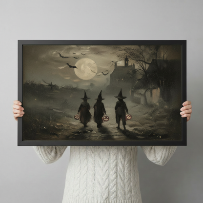Moody gothic halloween oil painting canvas print held in hands showing witch children trick-or-treating at night with bats full moon and dark haunted mansion dark atmospheric wall art gift idea