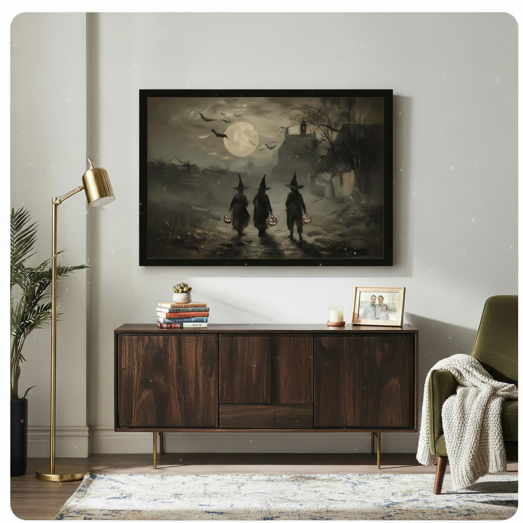 Gothic witch halloween landscape canvas print displayed above a dark walnut credenza in an eclectic living room featuring three children in witch hats with glowing pumpkins under a haunted full moon night sky