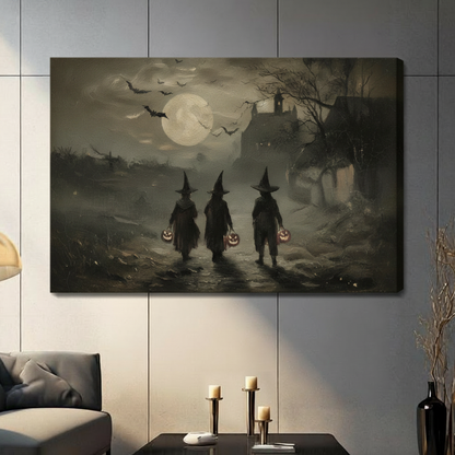 Halloween canvas wall art stretched gallery wrap featuring three little witches with pumpkin lanterns walking toward a haunted house under moonlight displayed above a sideboard in a contemporary living room