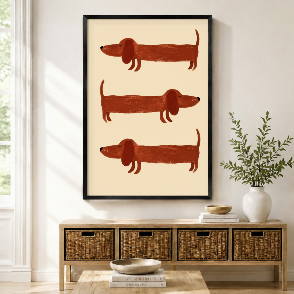 Framed canvas print featuring three illustrated rust-red dachshunds stacked vertically on a cream background, displayed above a rattan storage console in a bright entryway
