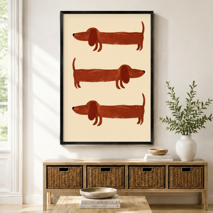 Framed canvas print featuring three illustrated rust-red dachshunds stacked vertically on a cream background, displayed above a rattan storage console in a bright entryway