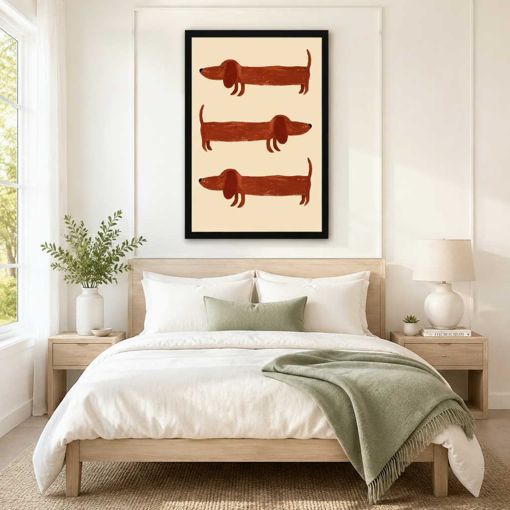 Oversized framed canvas of three stacked dachshund illustrations in rust and cream tones, mounted as a statement piece above a neutral linen bed in a minimalist bedroom