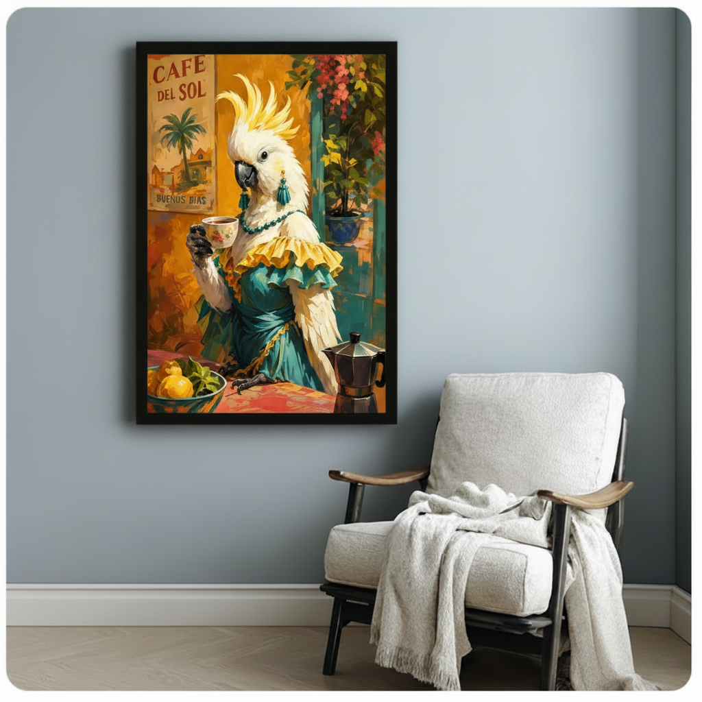 Dressed cockatoo with teal earrings and pearl necklace sipping morning coffee framed art print, colorful tropical cafe scene, hung beside a linen accent chair