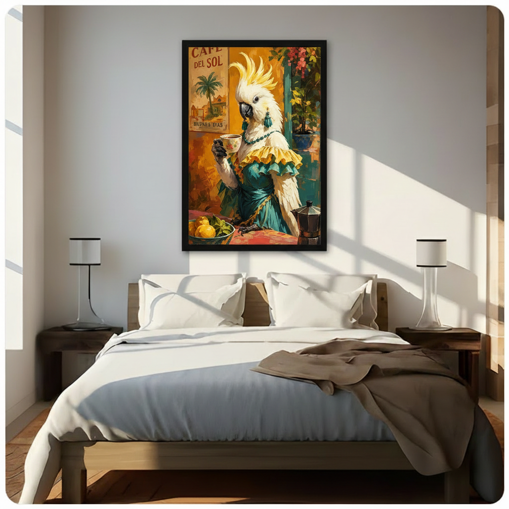 Vintage-style cockatoo parrot in ruffled dress with moka pot and citrus fruit framed wall art, above a wooden bed with white linen bedding in a sunlit bedroom