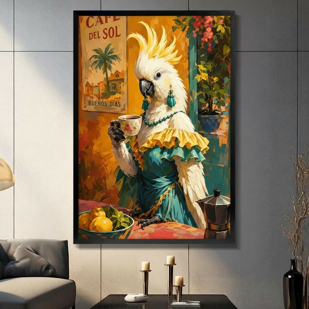 Elegant white cockatoo in teal dress drinking coffee framed wall art print, Cafe del Sol tropical scene, displayed in a modern dark living room with candlestick decor