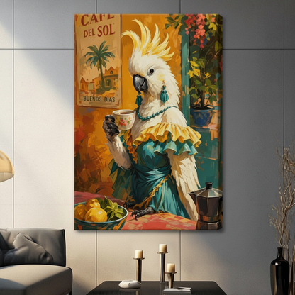 Whimsical cockatoo parrot holding espresso cup canvas wall art, Buenos Dias Cafe del Sol vintage tropical style, gallery wrap, dark contemporary living room