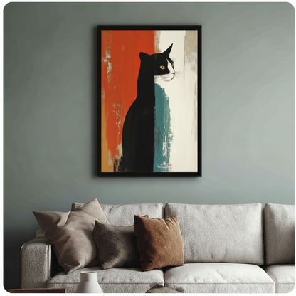 Minimalist tuxedo cat abstract painting with red and teal brushstrokes, black framed print above beige fabric sofa in blue-grey living room


