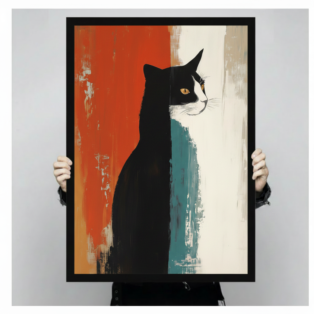 Hand-held framed tuxedo cat abstract print showing full artwork, golden-eyed black and white cat against striking red and teal brushstroke background