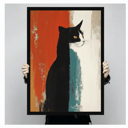 Hand-held framed tuxedo cat abstract print showing full artwork, golden-eyed black and white cat against striking red and teal brushstroke background