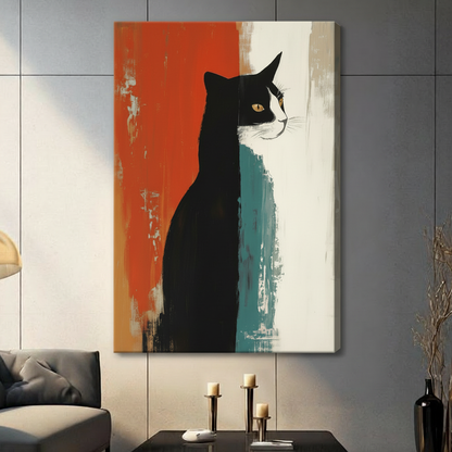 Black and white cat sitting against abstract orange-red and teal color block background, canvas wrap wall art displayed in contemporary living room setting