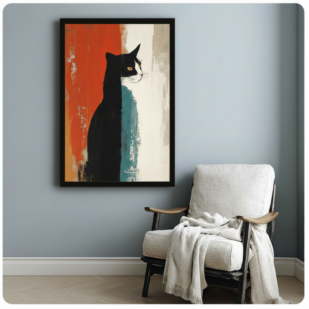 Modern abstract black and white cat wall art with bold red and teal color blocks, black framed print styled above white linen armchair in cozy reading nook