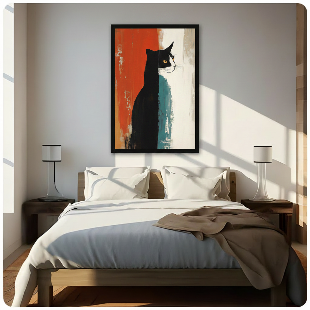 Abstract tuxedo cat portrait framed wall art above bed in bright minimalist bedroom, bold red and teal color block painting with warm natural window light