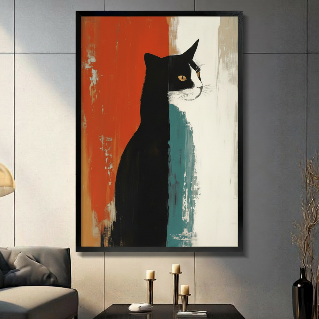 Tuxedo cat portrait with bold red and teal abstract brushstroke background, black framed wall art print in modern living room with dark sofa and candle holders