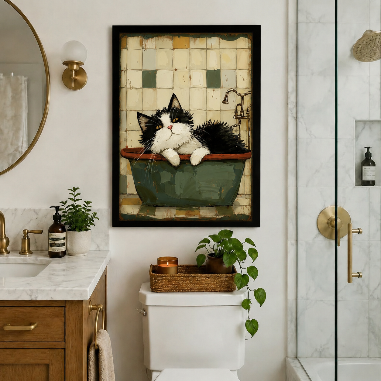 Black framed tuxedo cat in vintage bathtub canvas art hung above toilet in a luxury marble bathroom with gold fixtures and green plants