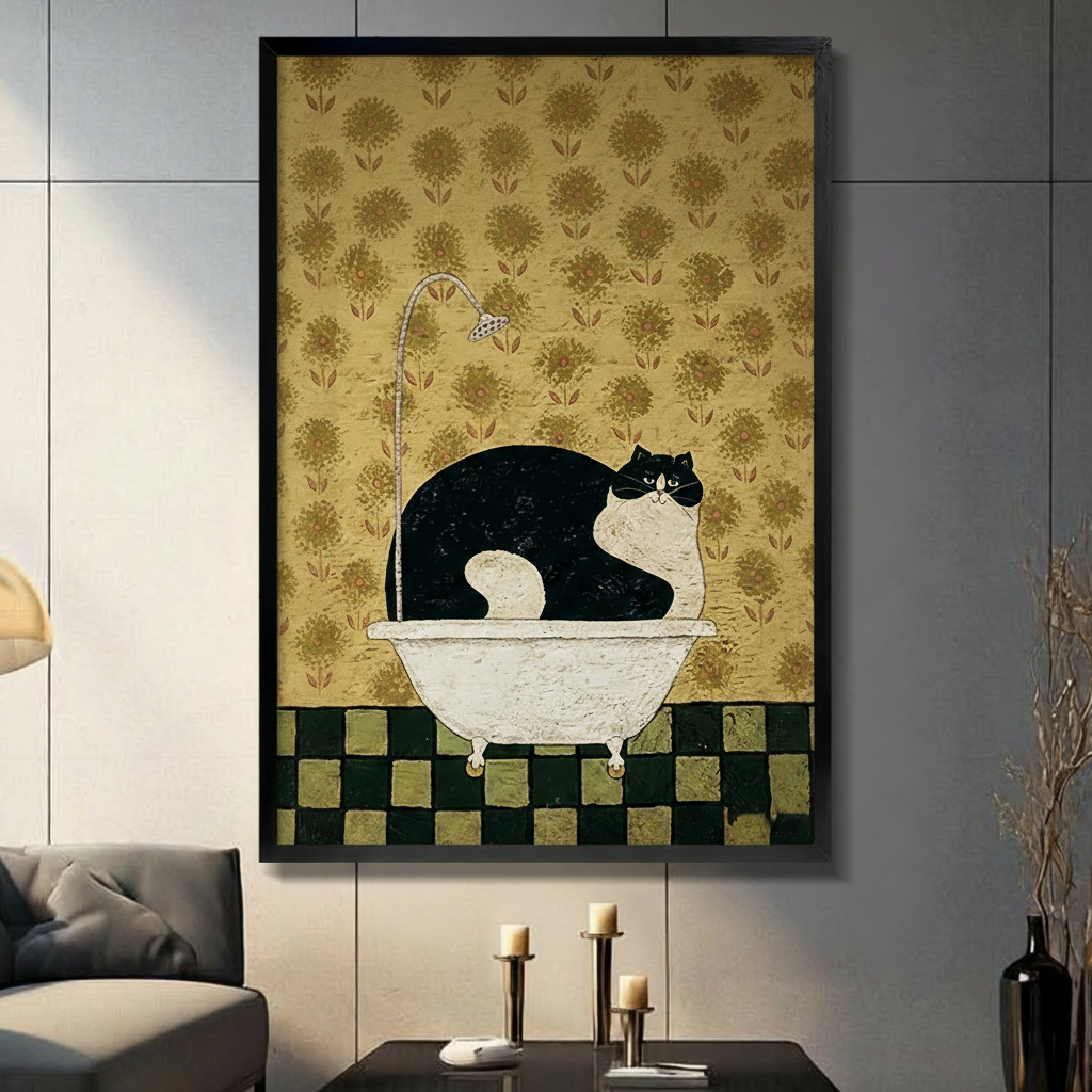 Black framed canvas wall art of a chubby tuxedo cat sitting in a vintage clawfoot bathtub, gold floral wallpaper background and green checkered floor, displayed in a modern living room