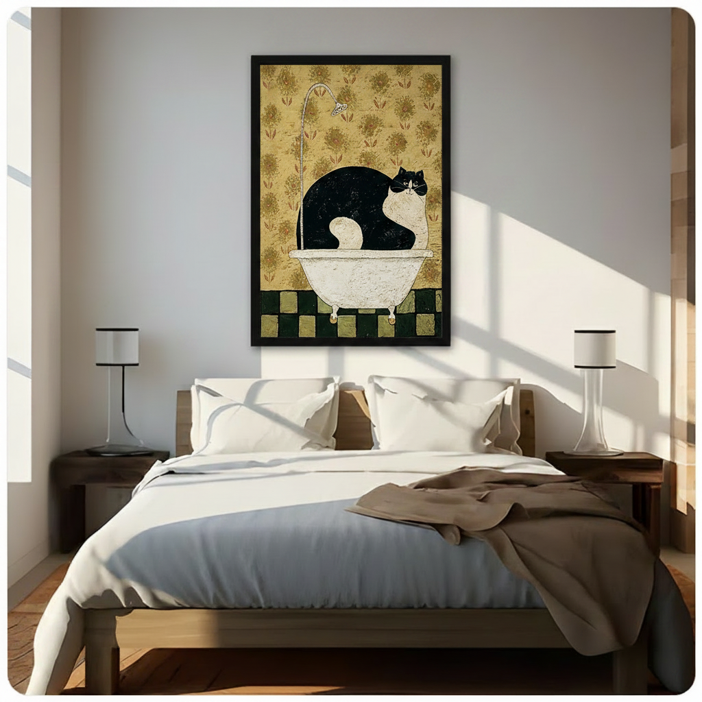 Large black framed canvas of a chubby black and white cat lounging in a vintage clawfoot bathtub, gold floral wallpaper and green checkered floor, displayed above a bed as bedroom wall art