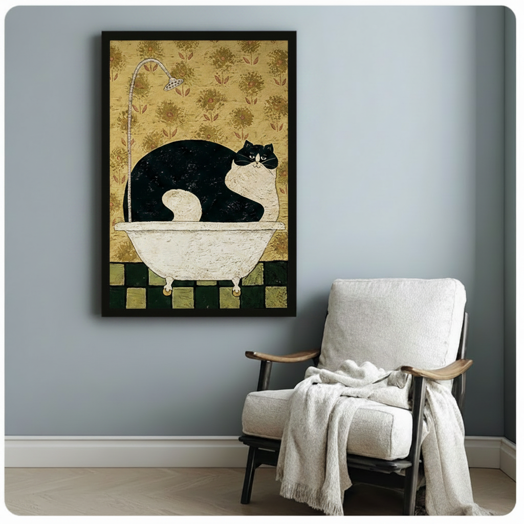 Black framed canvas of a round tuxedo cat resting in a clawfoot bathtub with a shower head, vintage gold botanical wallpaper and green checkerboard floor, mounted beside a white linen armchair