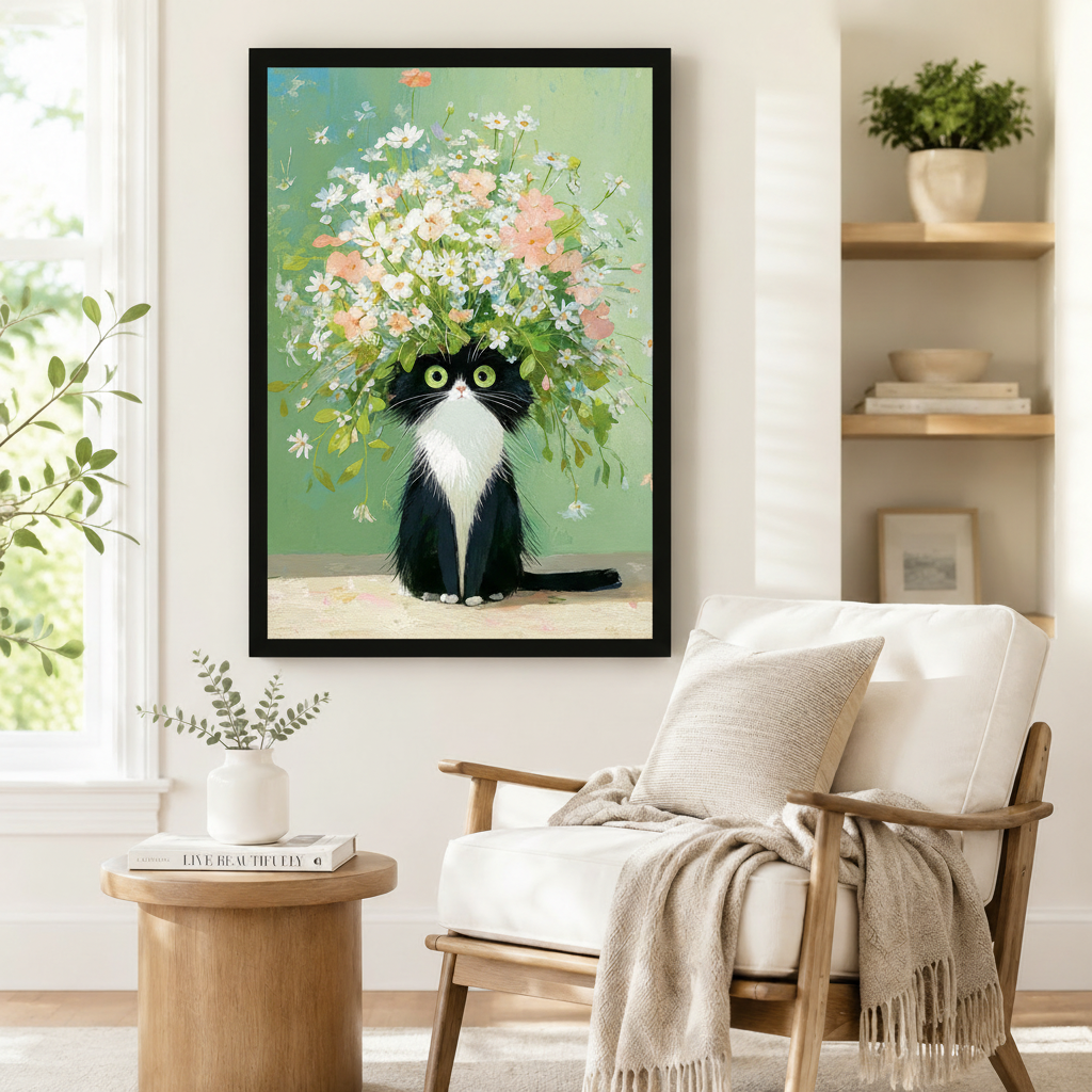 Black framed green-eyed tuxedo cat with daisy and cosmos flower crown wall art styled beside a linen armchair in a bright Scandinavian reading nook