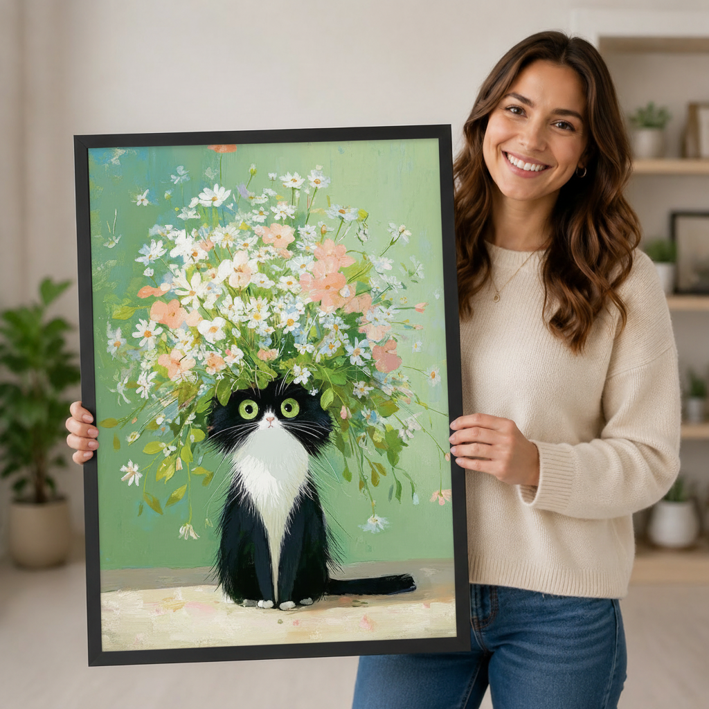 Woman holding a large black framed tuxedo cat wildflower wall art print to show print size and quality against a sage green background