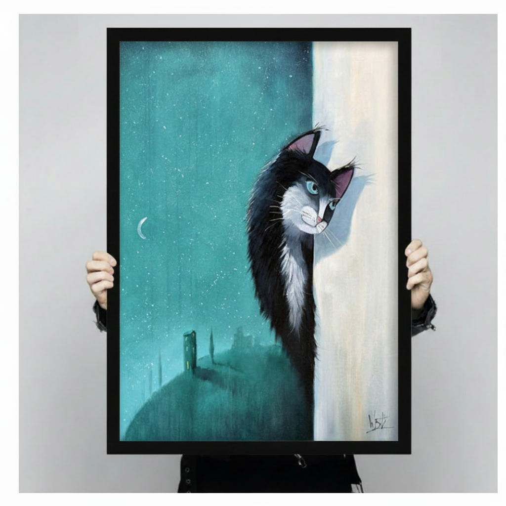 Close-up of framed poster featuring tuxedo cat with glowing blue eyes and gothic castle silhouette held by hands