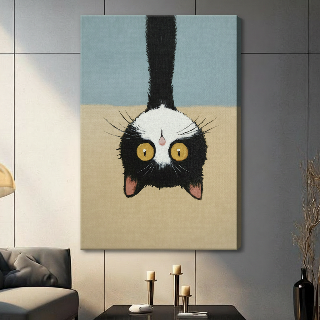 Whimsical black and white cat dangling upside down with oversized yellow eyes, dual-tone blue and beige background, canvas wrap wall art in contemporary living room setting