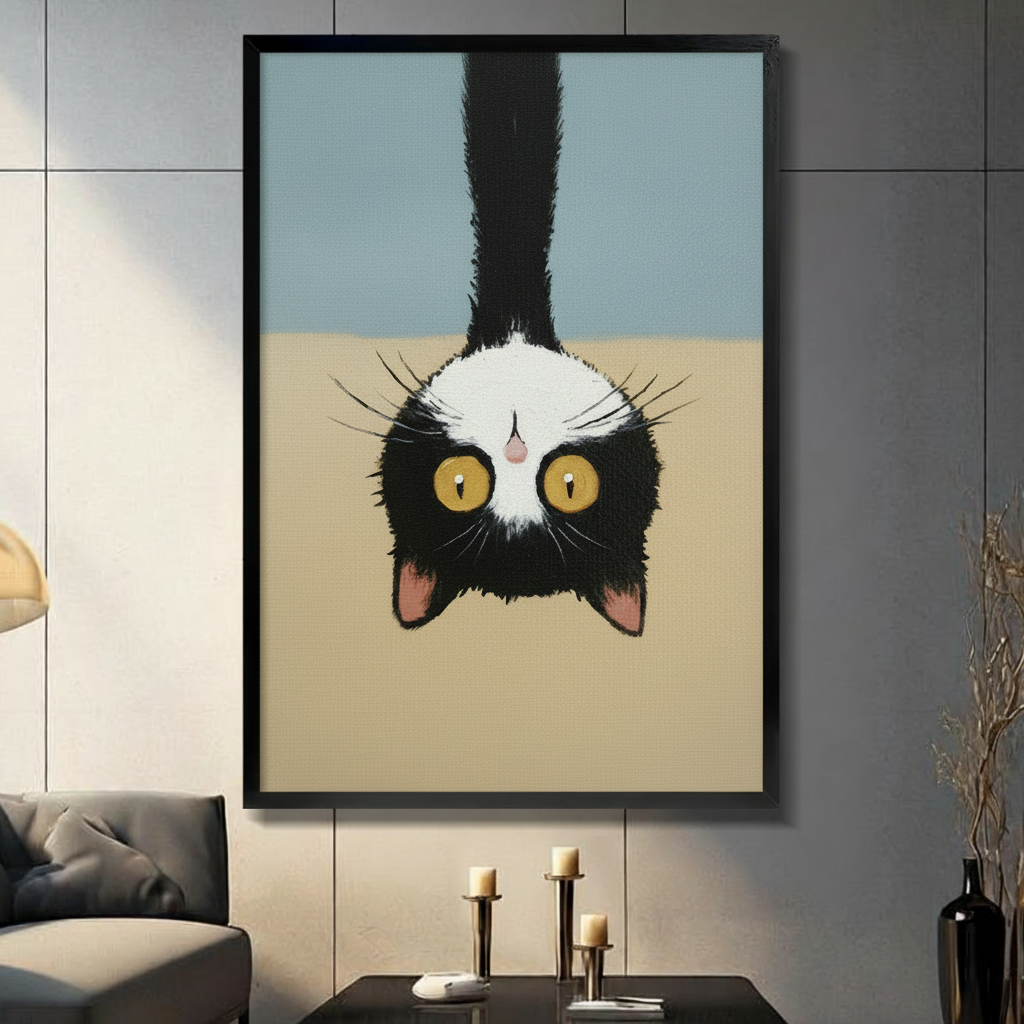Funny tuxedo cat hanging upside down with wide golden eyes, blue and sandy beige minimalist background, black framed wall art print in modern living room with dark sofa and candle holders