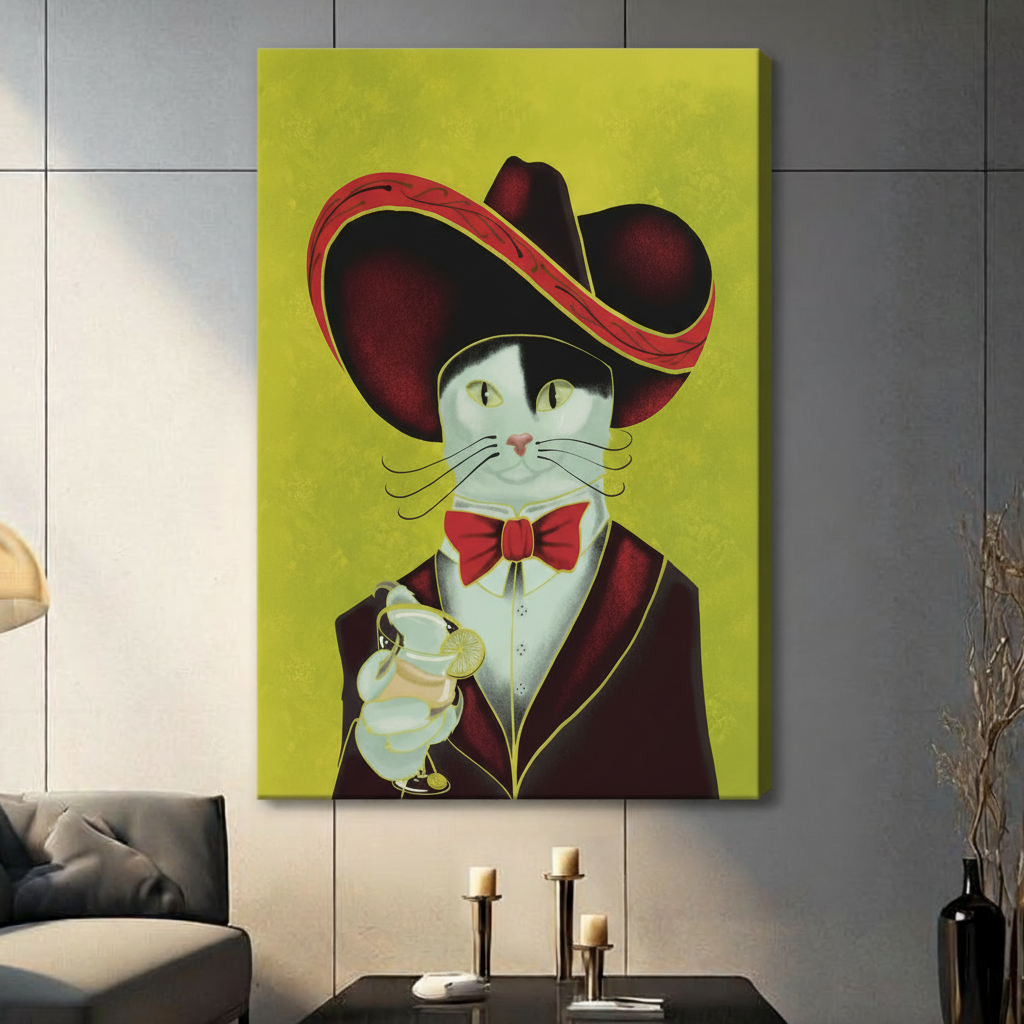 Editorial illustration of a white cat in an oversized burgundy sombrero with red-gold trim red bow tie and dark wine jacket offering a martini glass against a chartreuse textured background quirky cat cocktail wall art stretched canvas in a living room with dark gray panel wall dark sofa and black vase